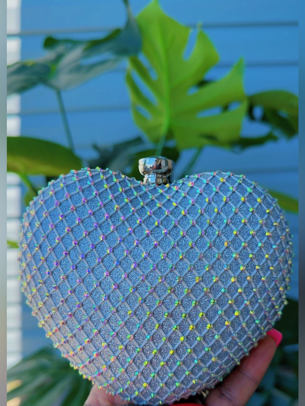 Fashion Nova Iridescent Silver Heart Chain Clutch